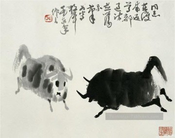  lutte Art - Wu Zuoren lutte contre le bétail vieille Chine à l’encre